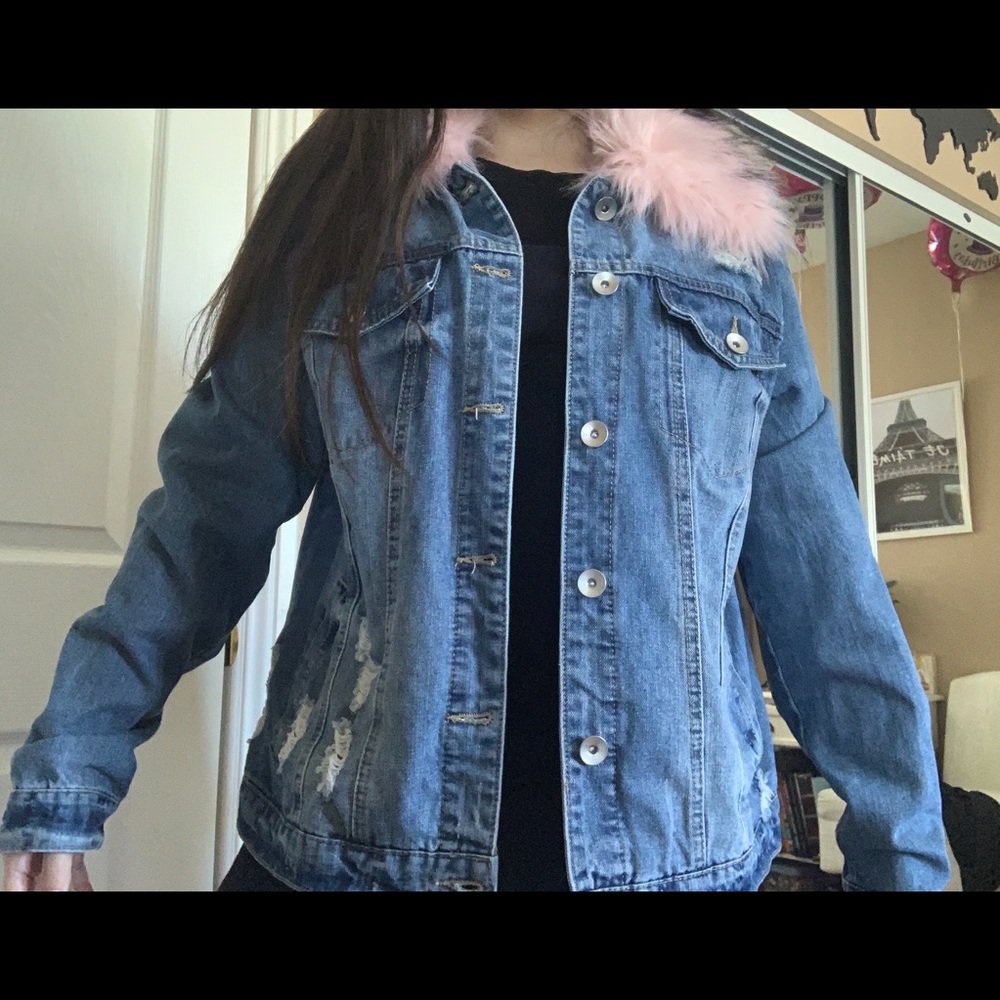 Denim Jacket with pink fur